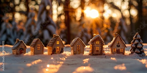 group of small ceramic houses with snow covered ground illuminated by warm lights and christmas tree in the background