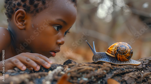 Little African Zambezian boy carefully watches a large snail crawling on a tree, close-up, African savannah in the background, children and nature.