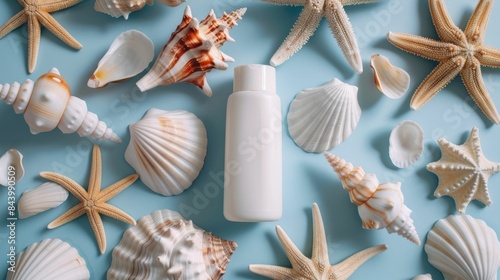 A white bottle of lotion is artistically surrounded by natural materials such as seashells and starfish. The intricate patterns of molluscs and invertebrates closeup create a beautiful piece of art