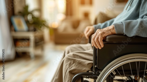 disabled man in wheelchair, close-up side view with copy space