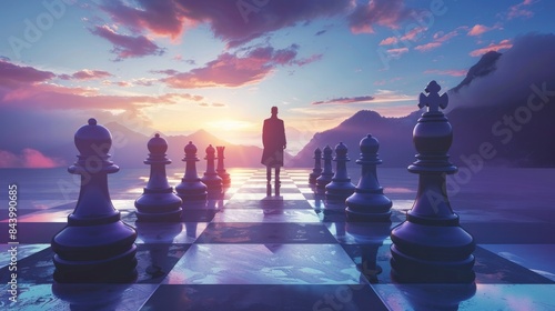 Entrepreneur standing on a chessboard, strategizing their next move. 
