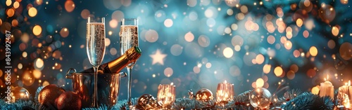 New Year Celebration: Toasting with Champagne and Fireworks in Night Sky - Greeting Card, Background, Banner Panorama