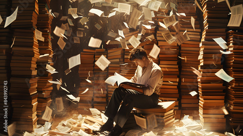 A man sitting in front of stacks of setuptools. with papers flying everywhere as he reads through them. 