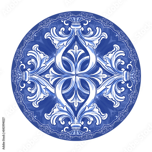 Blue and yellow ceramic pattern. Traditional tribal ornament. Capri Maiolica. Delft Blue and White