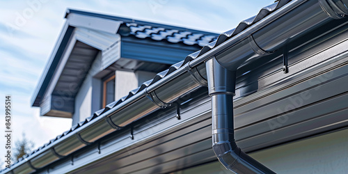 Gray zinc gutter on the facade of the house, white PVC downpipes and soffit paneling