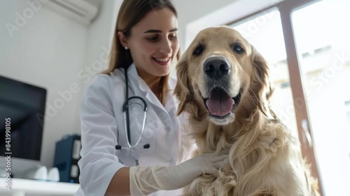 Portrait of a female doctor in a medical uniform examining a cute golden retriever dog with a stethoscope at a pet clinic, with a white room background. 