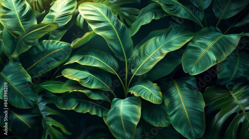 Vibrant green tropical leaves filling the frame create a natural and refreshing background, exemplifying nature and growth