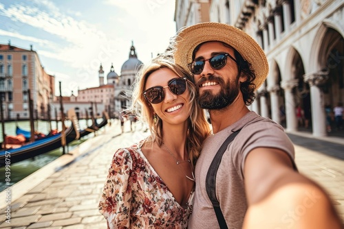 Beautiful young couple having fun visiting Venice - Tourists enjoying holiday in Italy taking selfie in front of famous landmark - Vacation and happy lifestyle, Generative AI