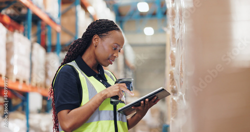 Logistics, tablet and black woman with scanner in warehouse for inspection, inventory check or pricing parcel. Shipping, checklist and employee for distribution, supply chain or quality control
