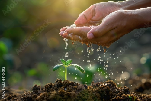 Watering Hands Hands cupping and pouring water into a seedling, symbolizing growth and nurturing