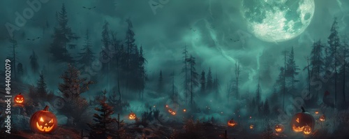 Spooky Moonlit Forest with Scattered Jack-o'-Lanterns and Eerie Atmosphere