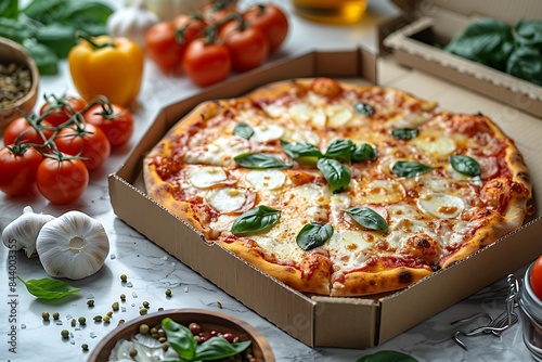 Delicious pizza in a cardboard box, surrounded by fresh ingredients, on a marble table.