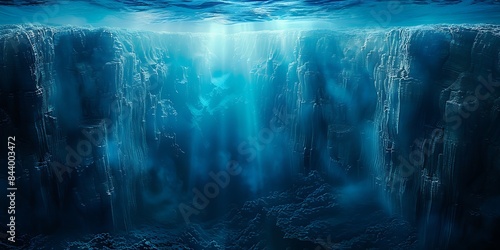 Sunlight pierces the depths of a deep blue ocean, illuminating a mysterious and serene underwater world.