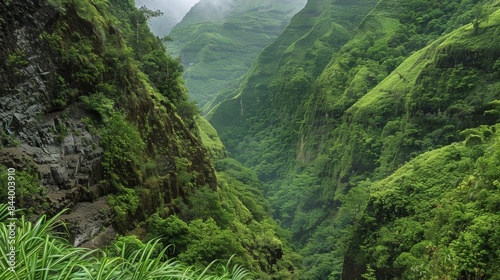 A lush green valley marked by unstable cliffs and steep slopes prone to frequent landslides.