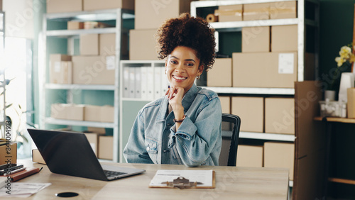 Portrait, business and woman with laptop, boxes and startup with online order, logistics and inventory. Face, person and entrepreneur with stock, computer and company website with parcel and package