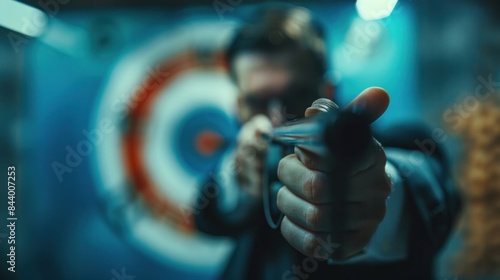 Professional aiming a slingshot at a bullseye - focus, strategy concept. 