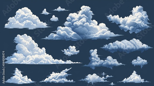 A set of ten hand-painted clouds. The clouds are white and fluffy, and they are set against a transparent background.
