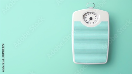 A bathroom scale sits on a pale green background. The scale is white with a blue dial.