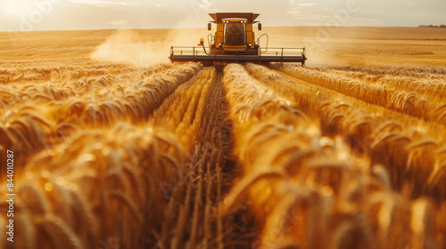 Harvester Cutting Through Golden Wheat with Symmetrical Lines