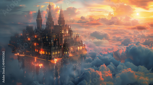  floating castle in the clouds with glowing lights at sunset, breath taking