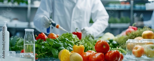 Scientist working in a laboratory injecting a liquid with a syringe in a genetically modified tomato for food science research