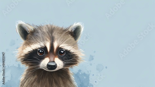 Cute raccoon with big eyes looking at the camera on a blue watercolor background.