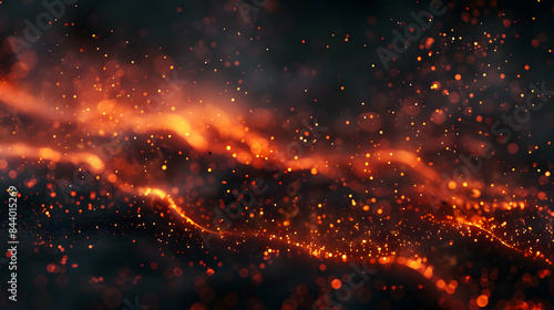  Digital background featuring orange and black, with particles and lights. It includes elements of fire, smoke, sparks, and sparkles on the right side of an abstract wave pattern.