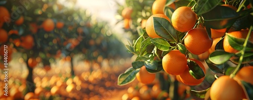 Sunset over an orchard of orange trees bearing fruit