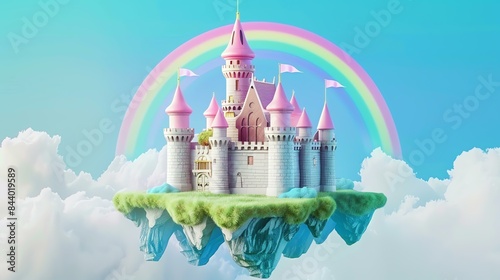 A beautiful pink castle with a rainbow in the background. The castle is surrounded by clouds and is floating on a piece of land.