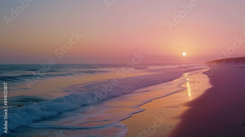 The setting sun casts a warm glow over the beach. The waves are gently lapping at the shore. The sand is soft and inviting.
