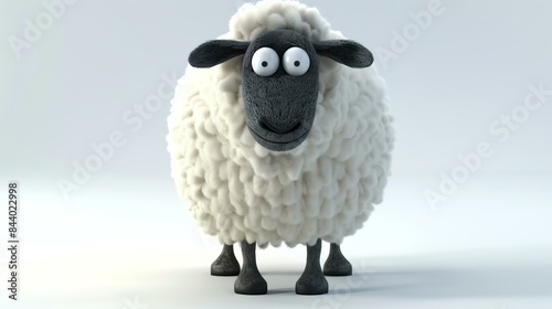 3D rendering of a cute and fluffy white sheep with black hooves and face.