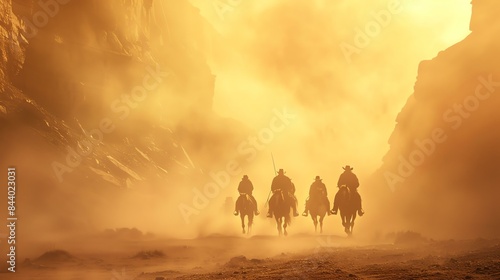 Four cowboys riding horses in a dusty canyon. The sun is shining brightly, casting long shadows.