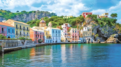 The image is of a beautiful coastal town in Italy. The town is built on a cliffside and overlooks the Mediterranean Sea.