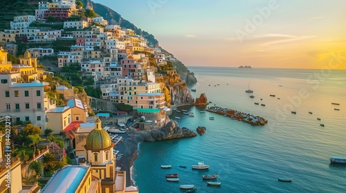 Amazing view of a beautiful coastal town in Italy. The town is built on a cliffside and overlooks the Mediterranean Sea.