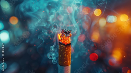 A close-up image of a lit cigarette with burning ash and dynamic smoke swirls against a bokeh background
