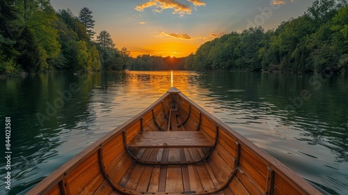 The view from a wooden canoe during a tranquil sunset with reflections on a calm water surface