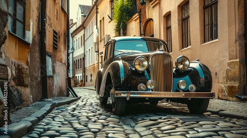 Black vintage car parked on the narrow street with old buildings in the background