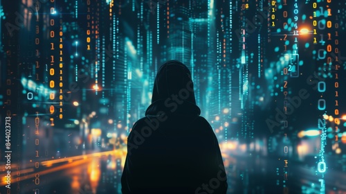 Silhouette of a hacker wearing a black hoodie surrounded by floating binary code and digital data streams