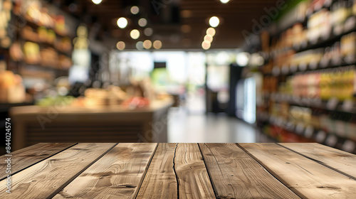 Empty wooden table top with blurred background of a coffee shop or supermarket interior for product display