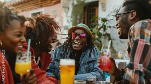 Group of diverse friends laughing and enjoying drinks at a restaurant.