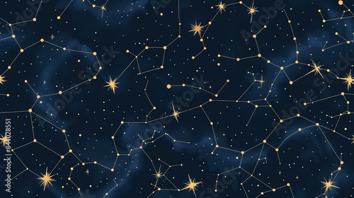 A beautiful and unique celestial-inspired seamless pattern design featuring delicate hand-drawn stars and constellations in a mesmerizing night sky.