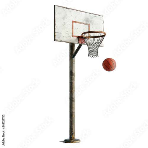 Weathered outdoor basketball hoop with a ball suspended in motion, isolated on a transparent background