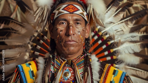 A Native American man wearing a traditional headdress and face paint. He is looking at the camera with a serious expression.
