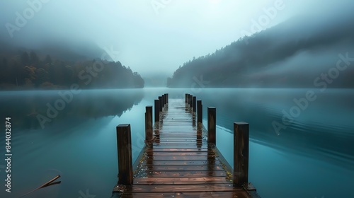 The wooden dock juts out into the still lake, surrounded by a thick fog. The only sound is the gentle lapping of the waves against the dock.