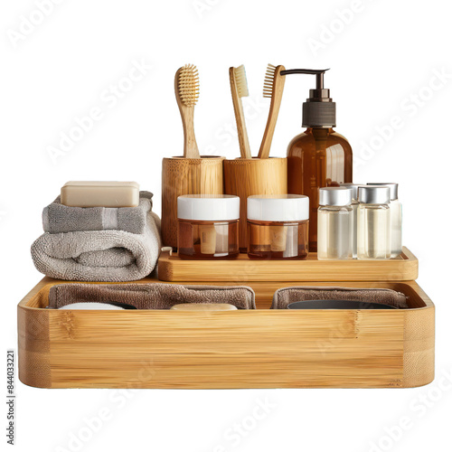 Sustainable bathroom set on a transparent background, featuring bamboo products and natural toiletries