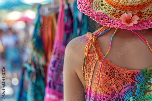 Colorful crochet dressed and hat on sale at an outdoor beach market. Tie-dye summer fashion.