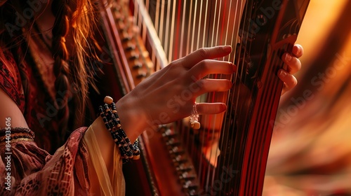 A close-up of a woman's hand playing the harp. The woman is wearing a beautiful dress and has long, flowing hair.
