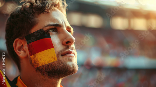 Football fan with germany flag painted on face at soccer stadium. Concept of 2024 UEFA European Football Championship 