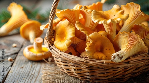 Golden chanterelle mushrooms artfully displayed as they tumble from a wicker basket, symbolizing harvest