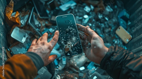 A man tossed his broken smartphone into a trash bin. The image shows the bin from below. It highlights the issue of waste and pollution caused by improper disposal of electronic devices.